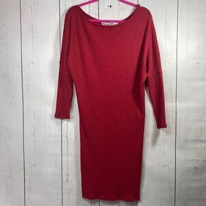 Michael Stars Red Ribbed Knit Midi Dress Long Sleeve XS Minimalist Chic Classic